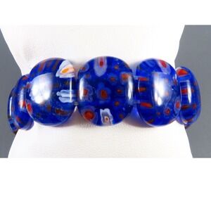 VTG MURANO ITALIAN ART GLASS Blue Red White Millefiori WIDE OVAL BEADS Bracelet
